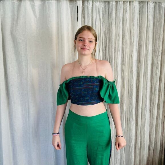 Rachel Zoe Linen Cropped Top and Pants Size Medium Green and Blue Set - Picture 4 of 8